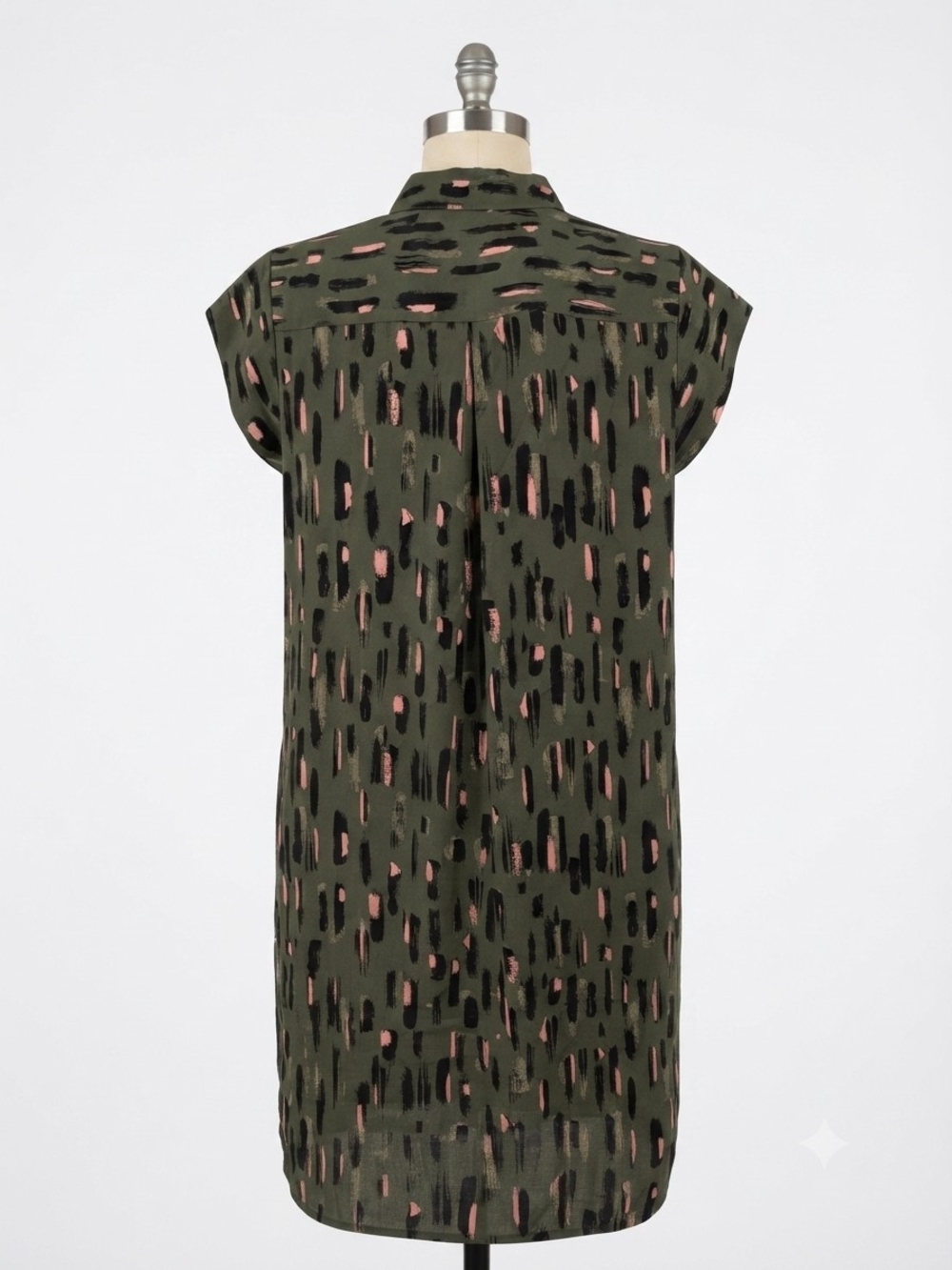 Olive Green Printed Shirt Dress with Pink & Black Accents - Picture 4 of 6